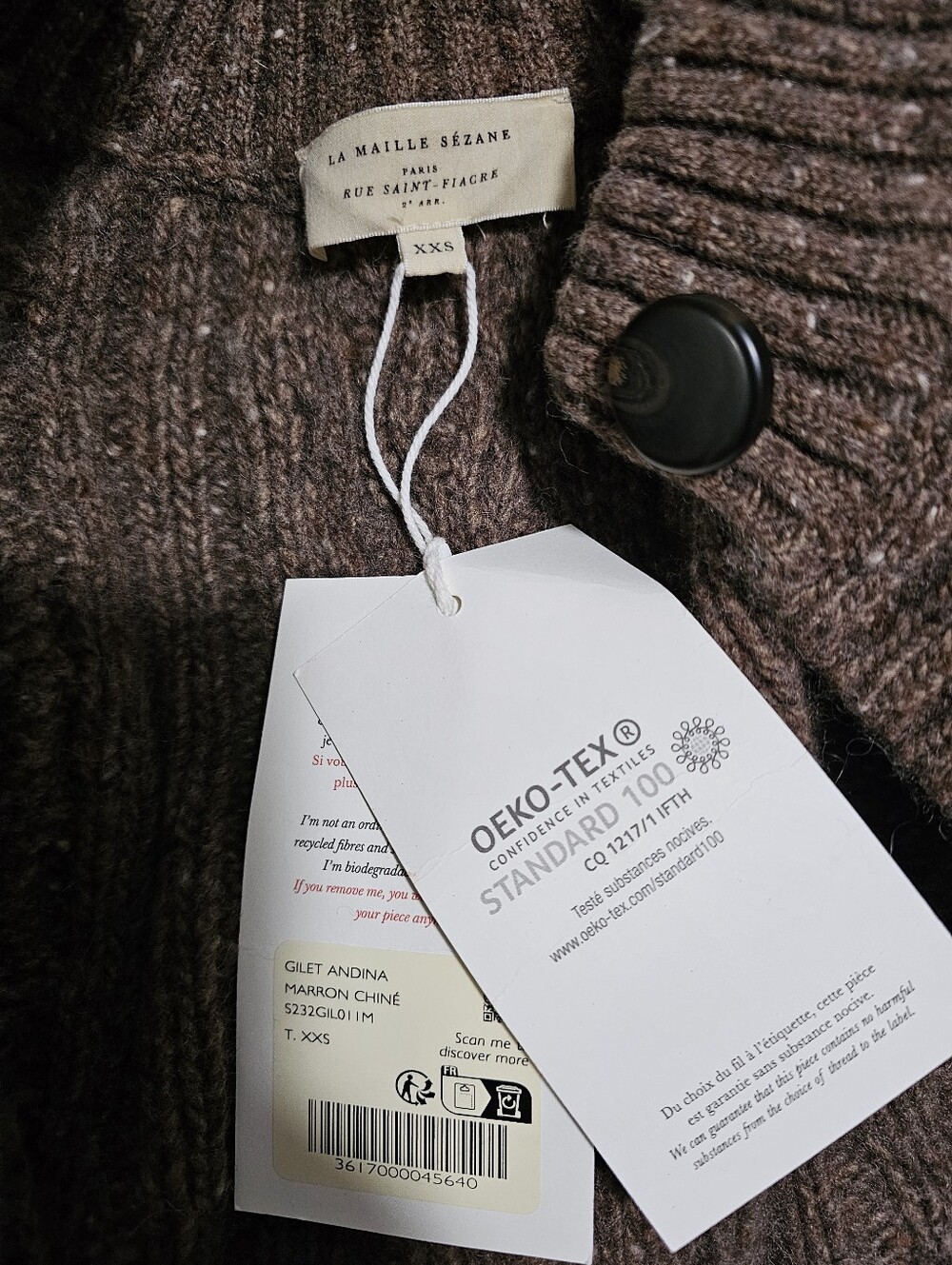 NWT! Sezane Andina Thick Wool Blend Cable Knit Cardigan Heather Brown Size XXS - Picture 7 of 9